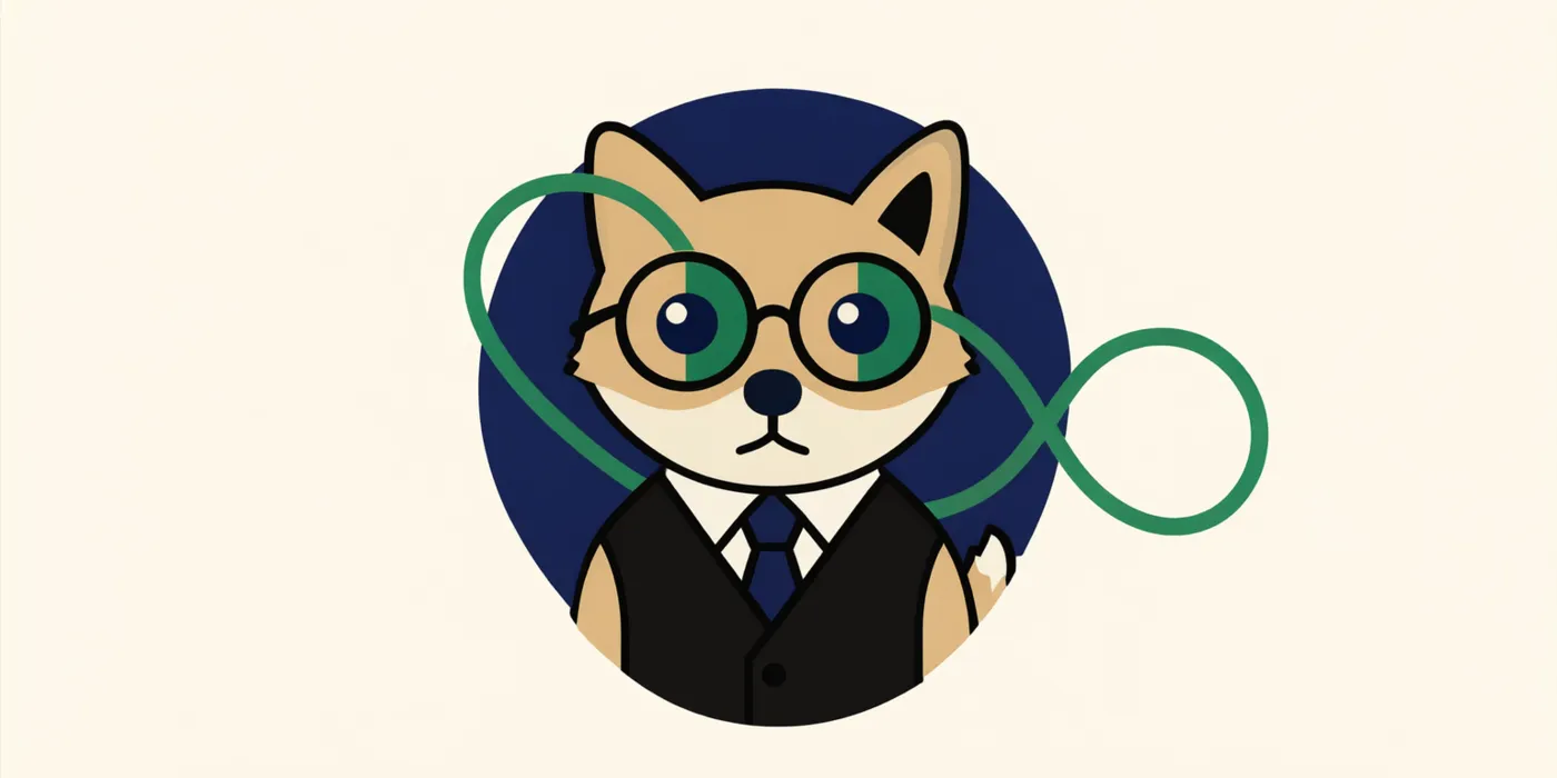 Conti the Shiba in round glasses, black vest and navy tie, sitting calmly inside a green infinity loop
